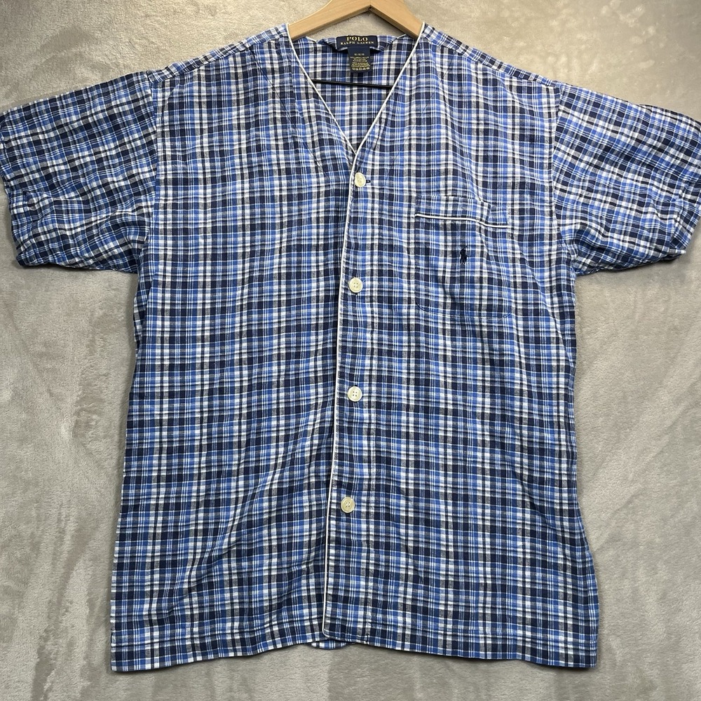 Polo Ralph Lauren Pajama Shirt Men M Plaid Linen‎ Blend Short Sleeve Button Down